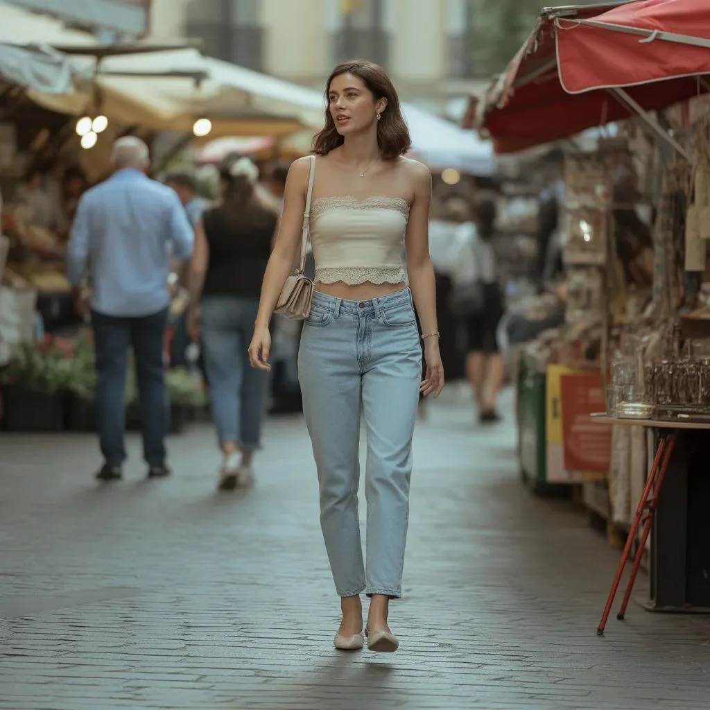 Lace Trim Tube Top and Straight Jeans