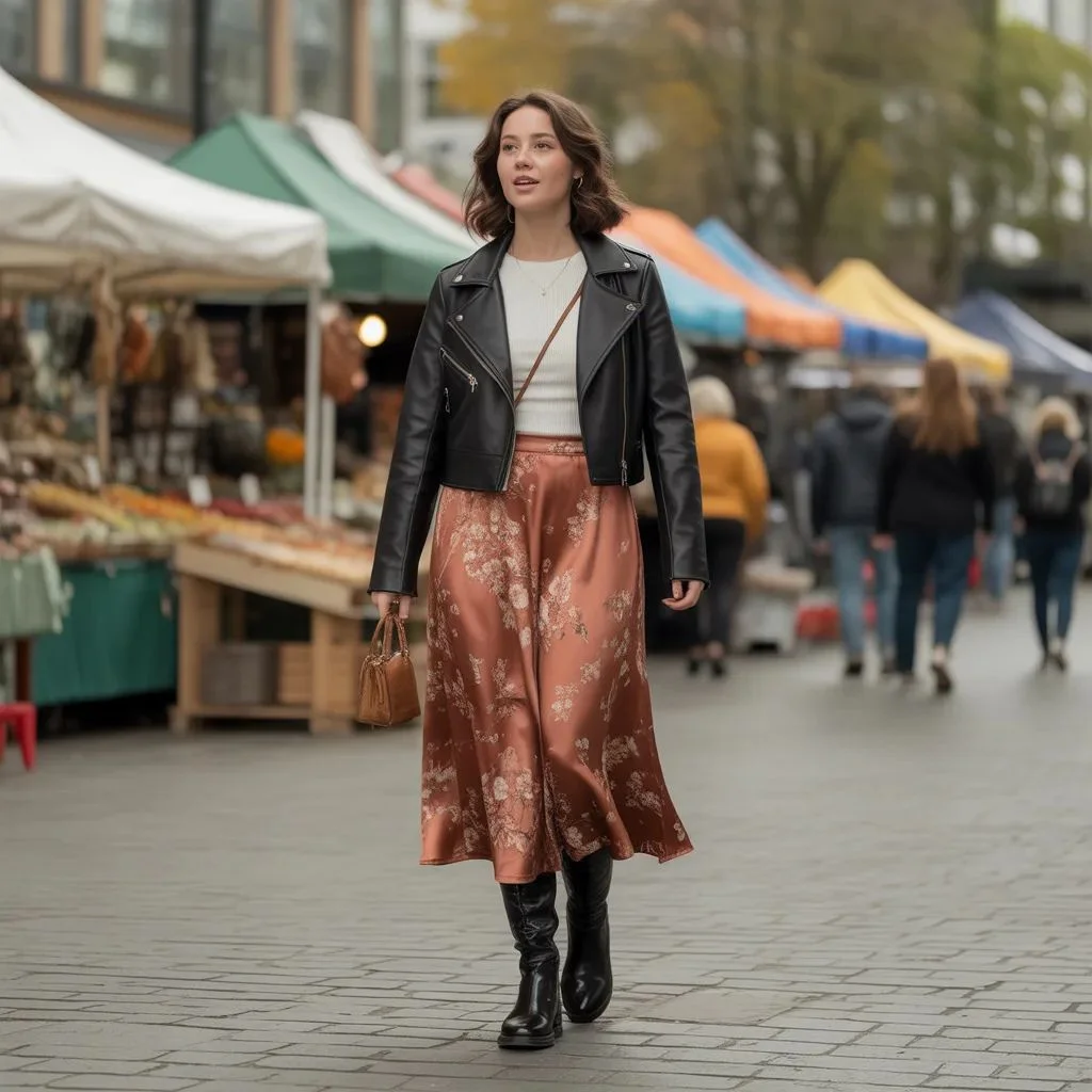 Leather Jacket and Midi Skirt for City Exploring