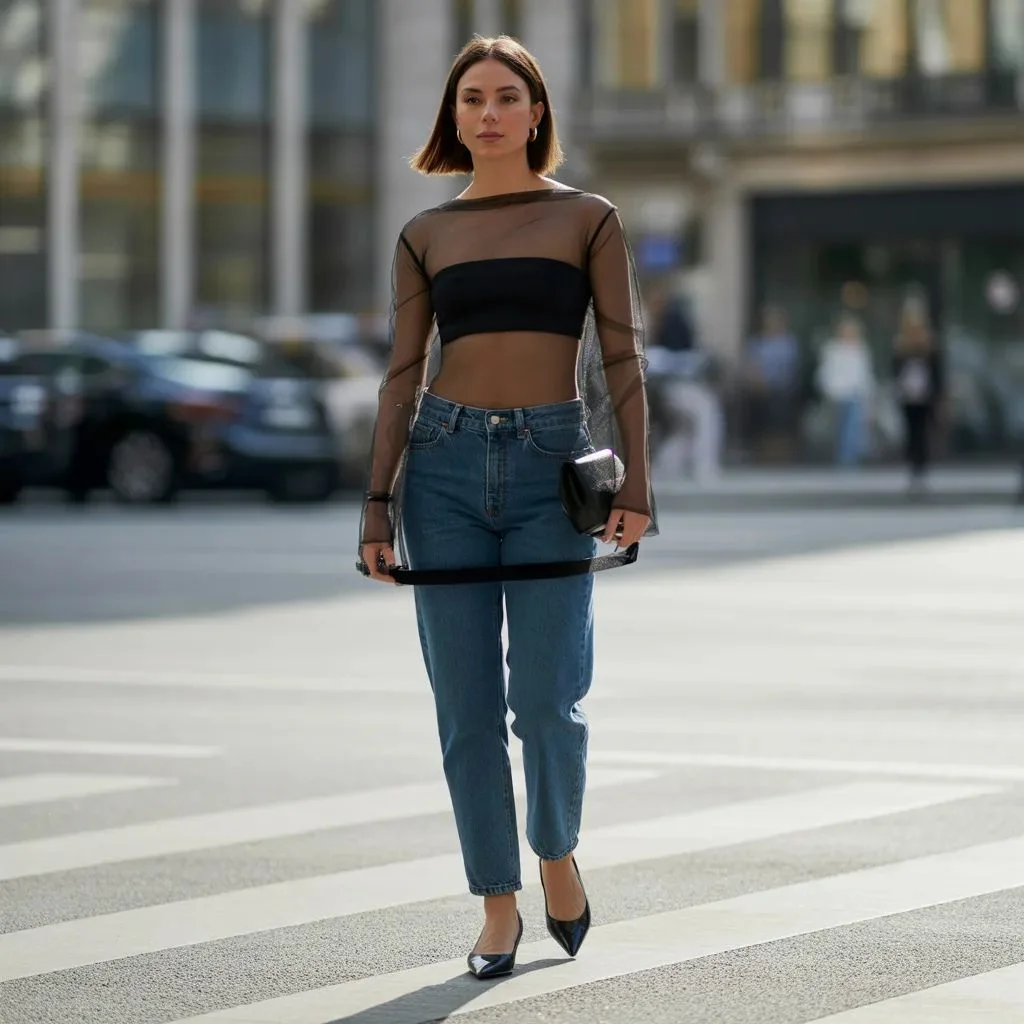 Mesh or Sheer Tube Top with Trousers-Cut Jeans