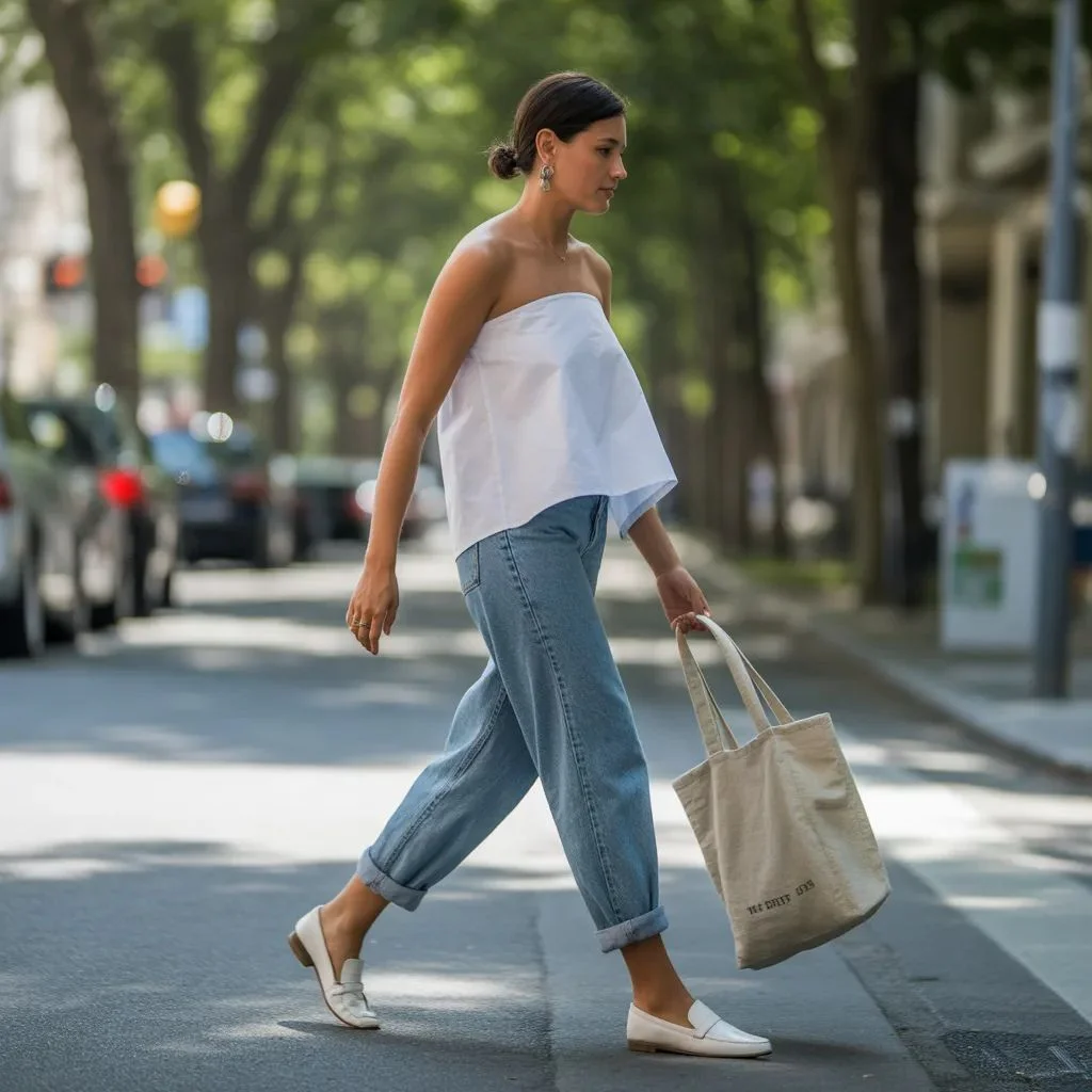 Oversized Tube Top with Relaxed Boyfriend Jeans