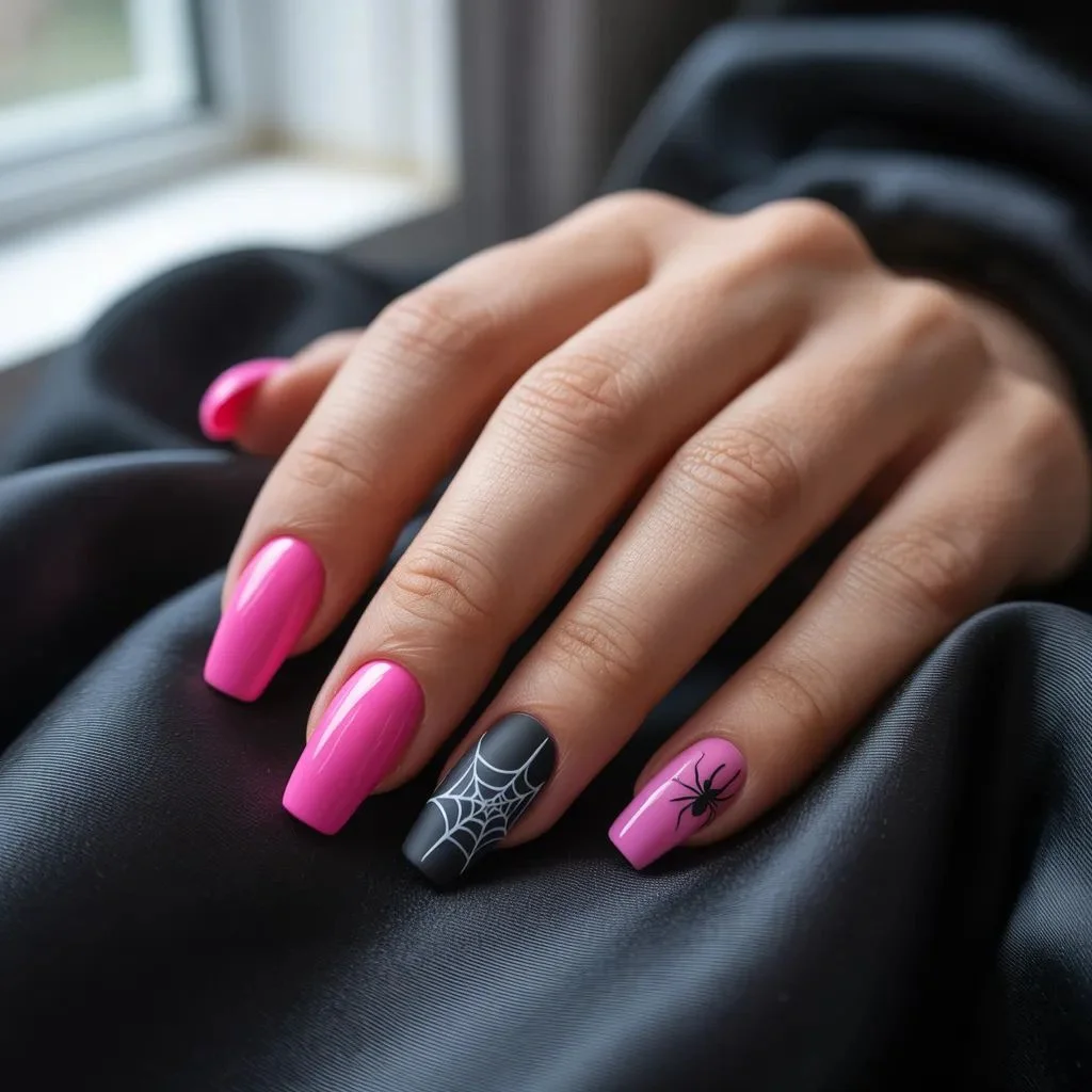 Pink and Black Coffin Nails with Spider Web Art