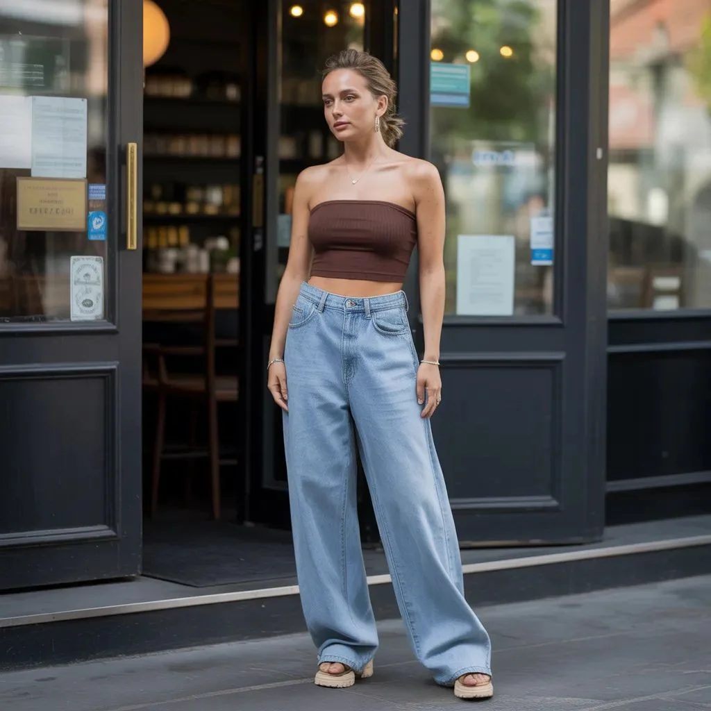 Ribbed Tube Top with Baggy Jeans