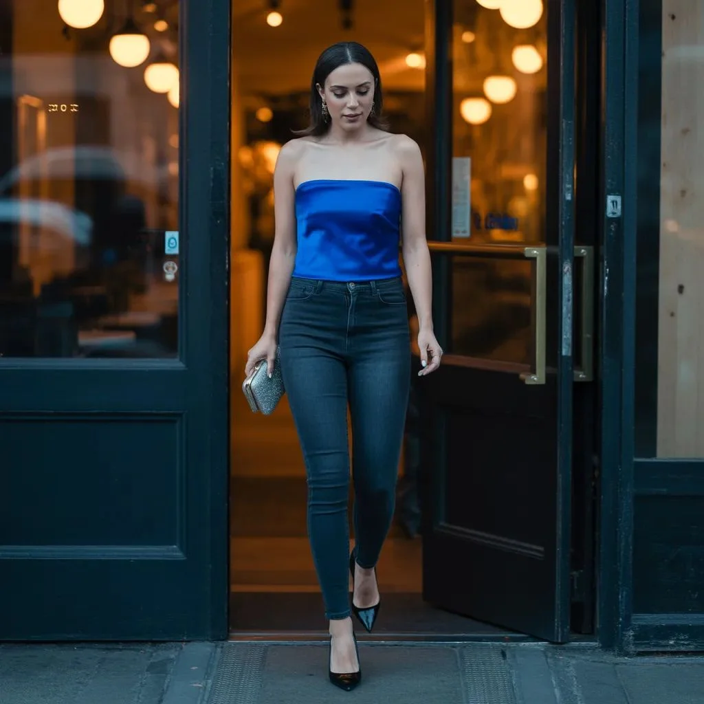 Satin Tube Top and Dark-Wash Skinny Jeans