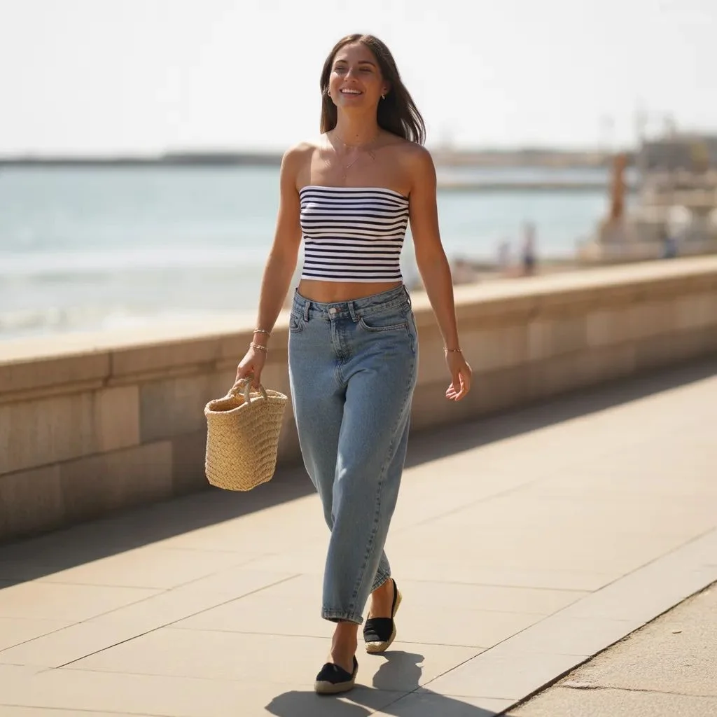 Striped Tube Top with Barrel-Leg Jeans