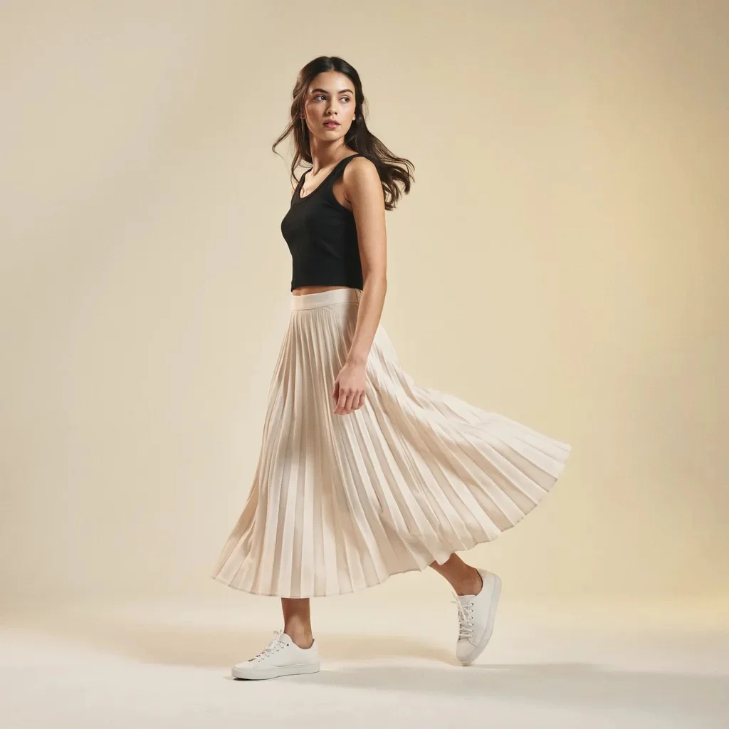 Pleated Maxi Skirt With Sneakers — Bold, Relaxed, Completely Now