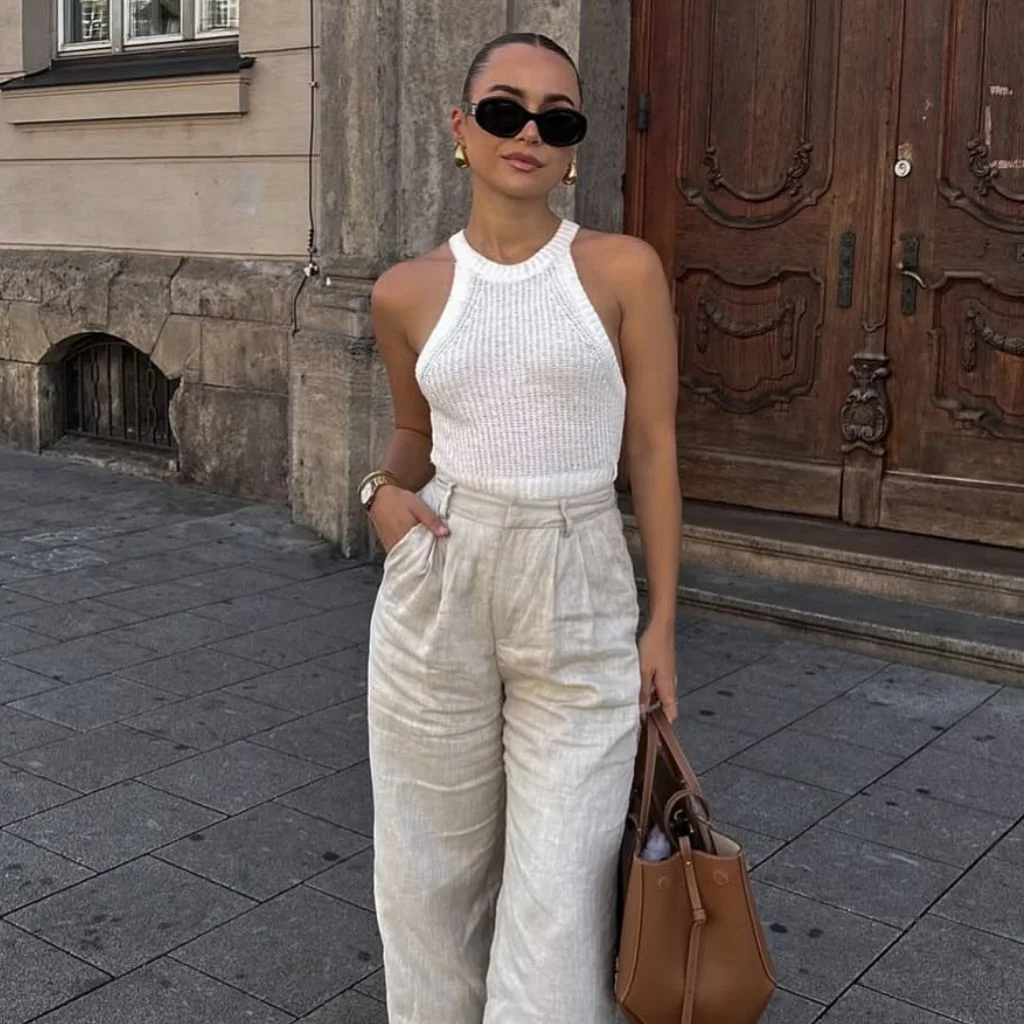 white tank top tailored trousers outfit
