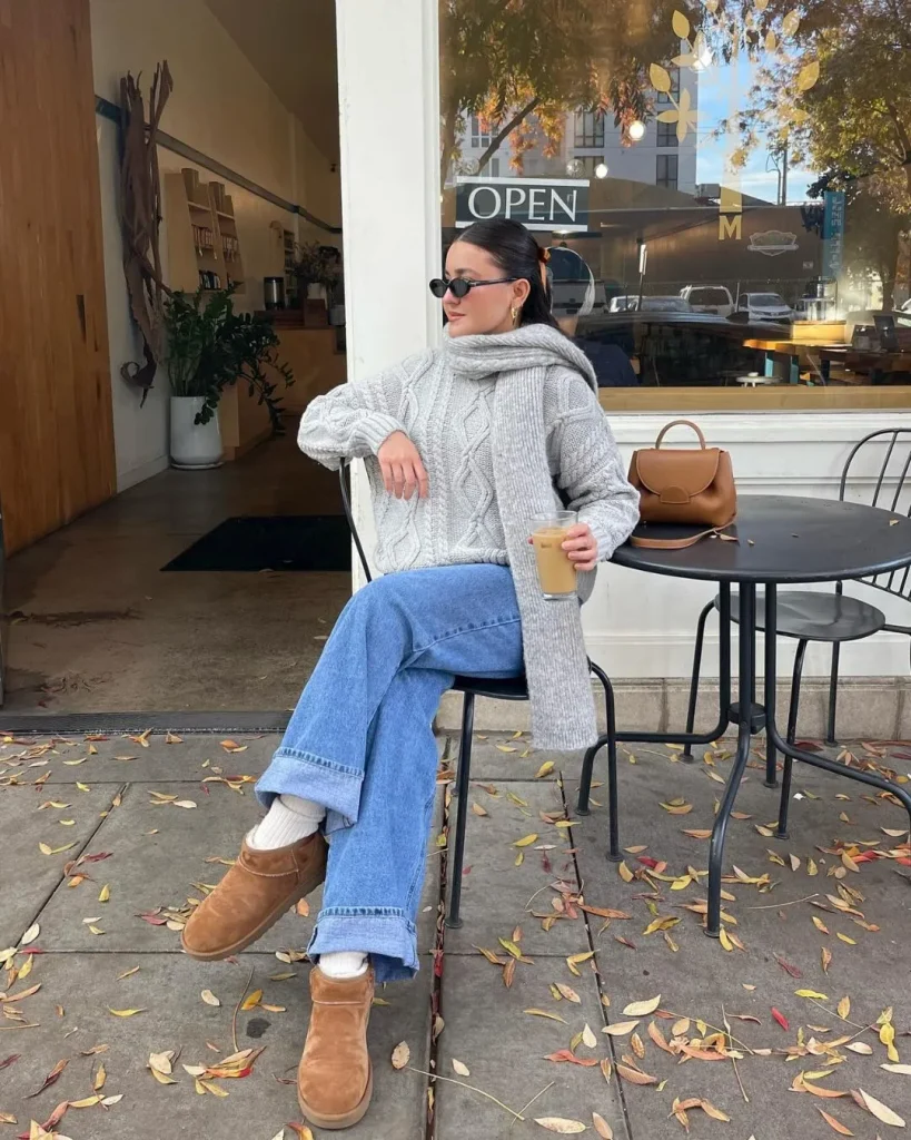 Ugg Tasman Outfit Basics With Wide Leg Jeans and Chunky Knits