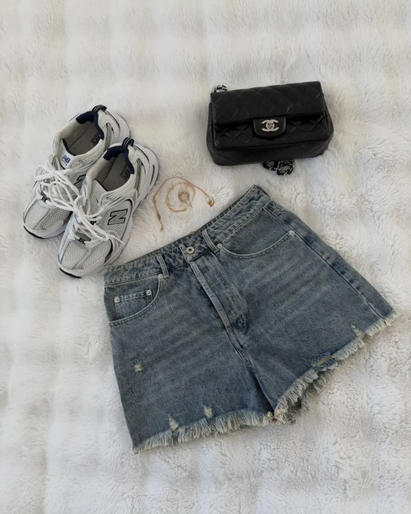 denim shorts flat lay