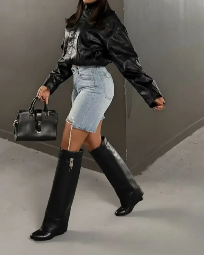 denim shorts with boots autumn outfit