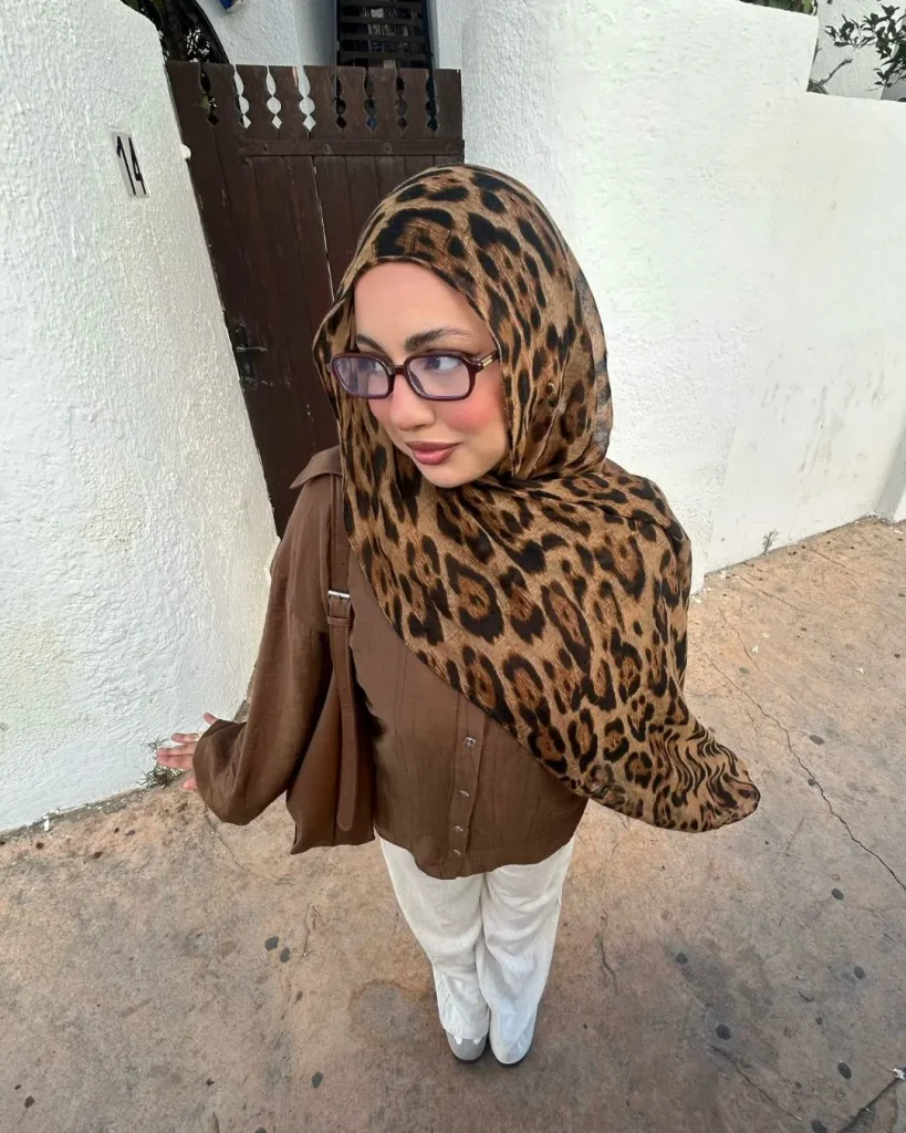 double denim outfit woman cheetah scarf
