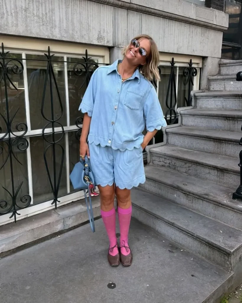double denim outfit woman shorts jacket  