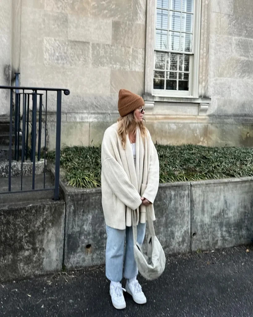 oversized cream cardigan jeans weekend
