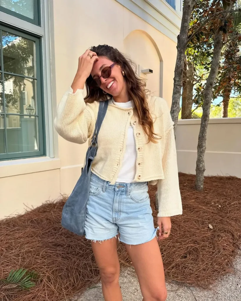 pastel knit top denim shorts woman