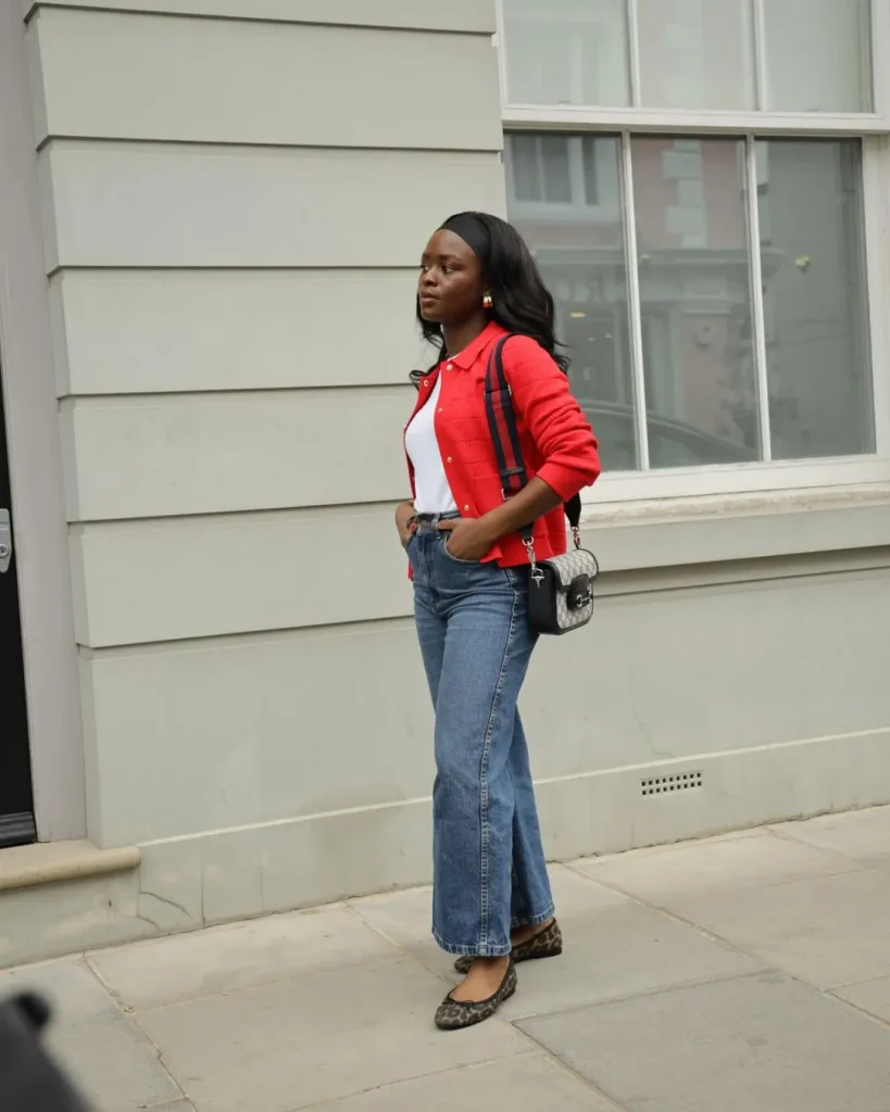 red cardigan white tee jeans street style