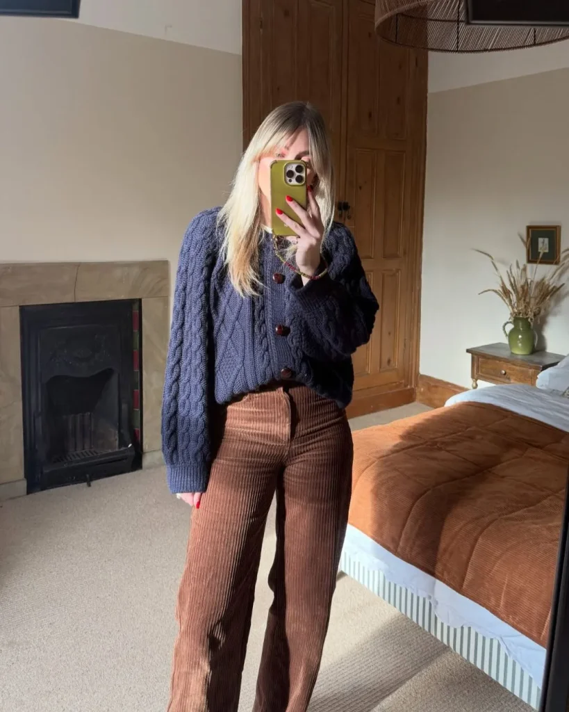 slim pastel cardigan with chocolate brown trousers