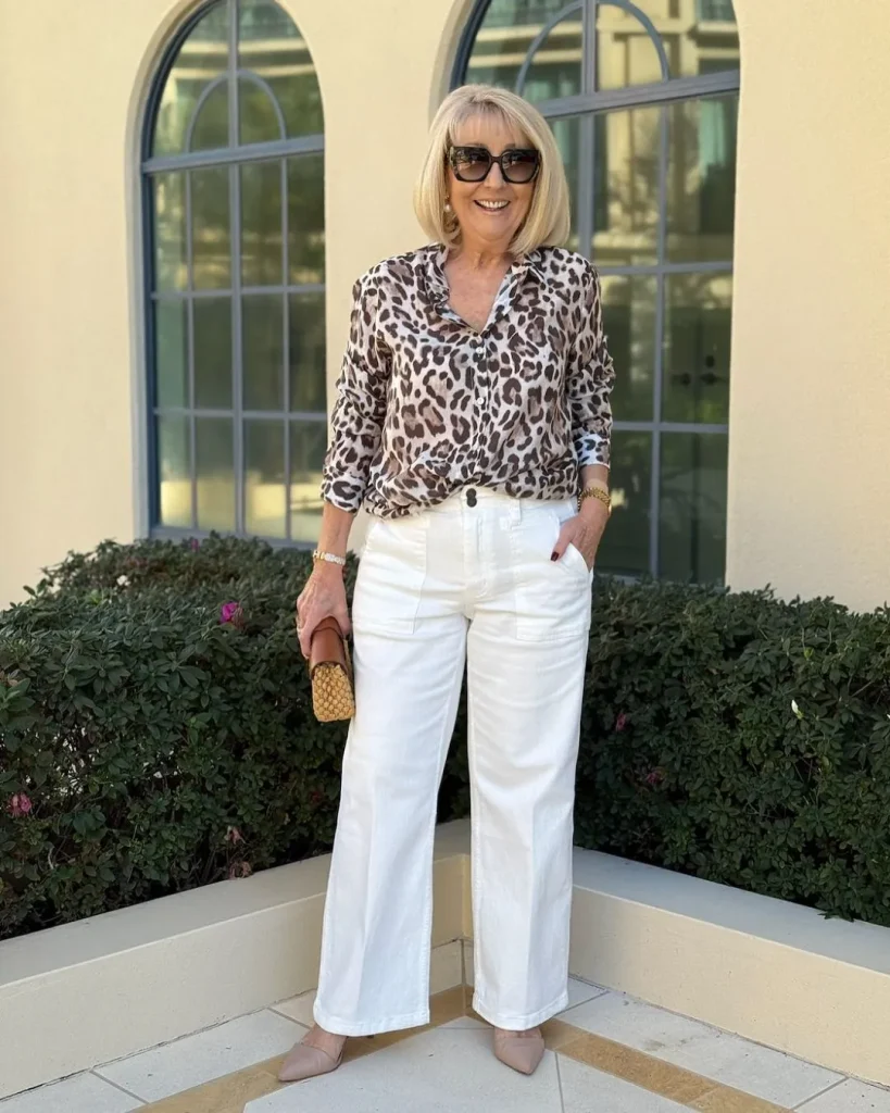woman animal print shirt light jeans casual