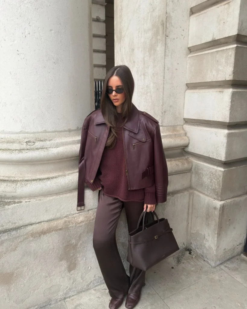 woman burgundy outfit winter