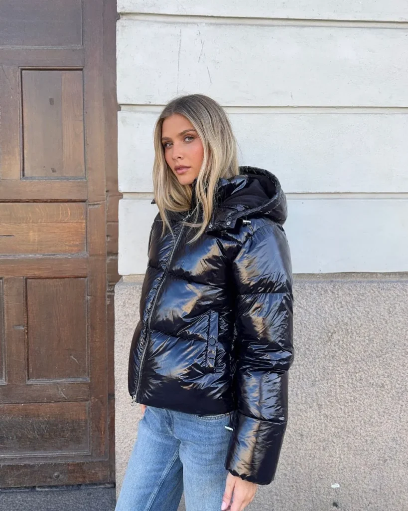 woman shiny puffer jacket black